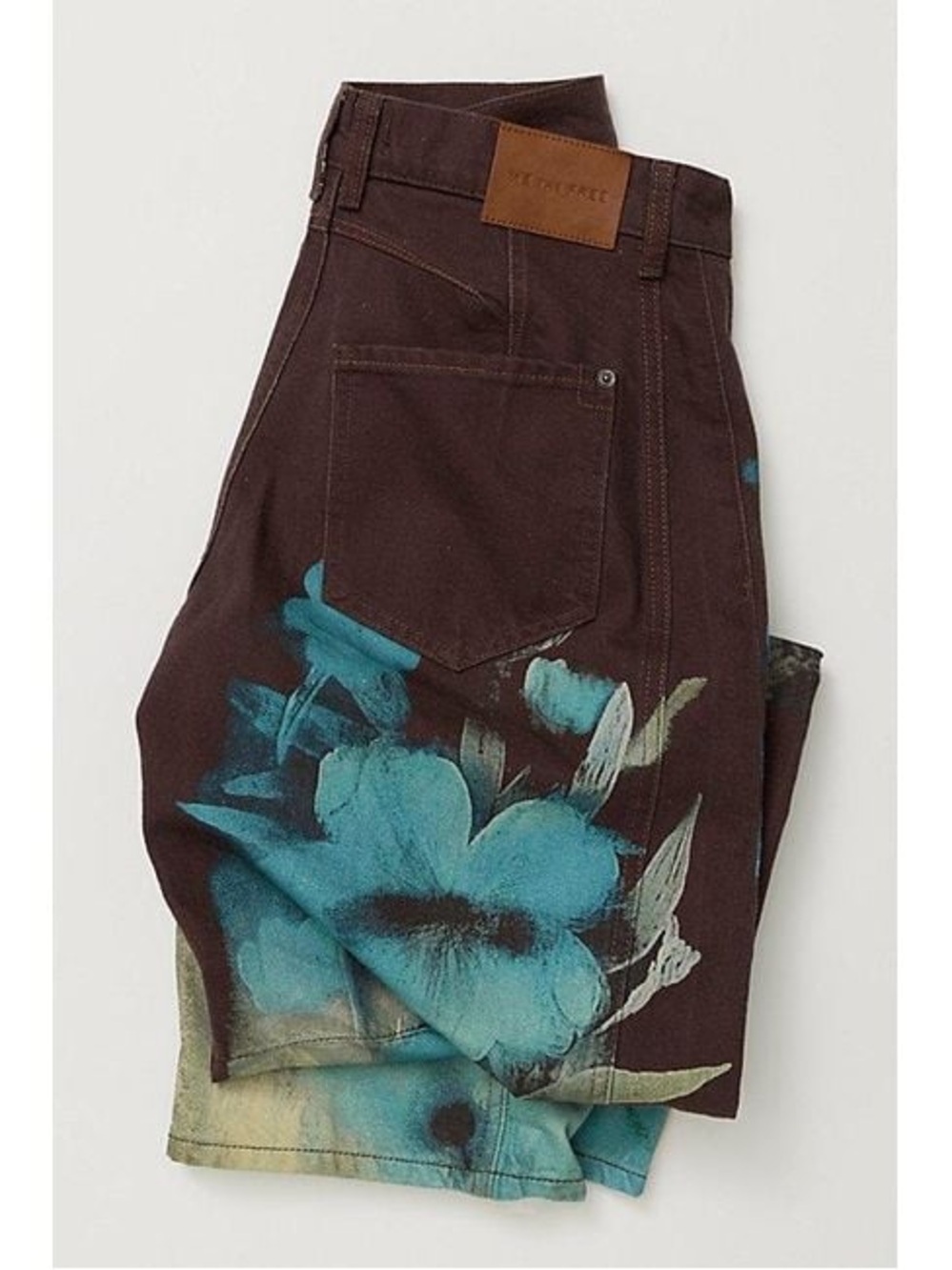 Free People Wide-Leg Painterly Floral Pants in Teal & Brown - Picture 8 of 8